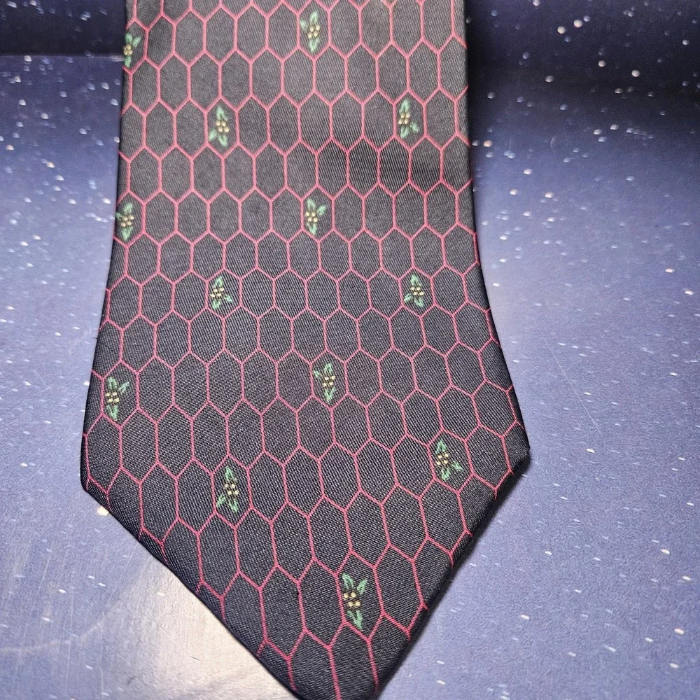 Enzo Necktie Mens‎ OS Navy Red Honeycomb Geometric Floral 100% Silk Made in USA